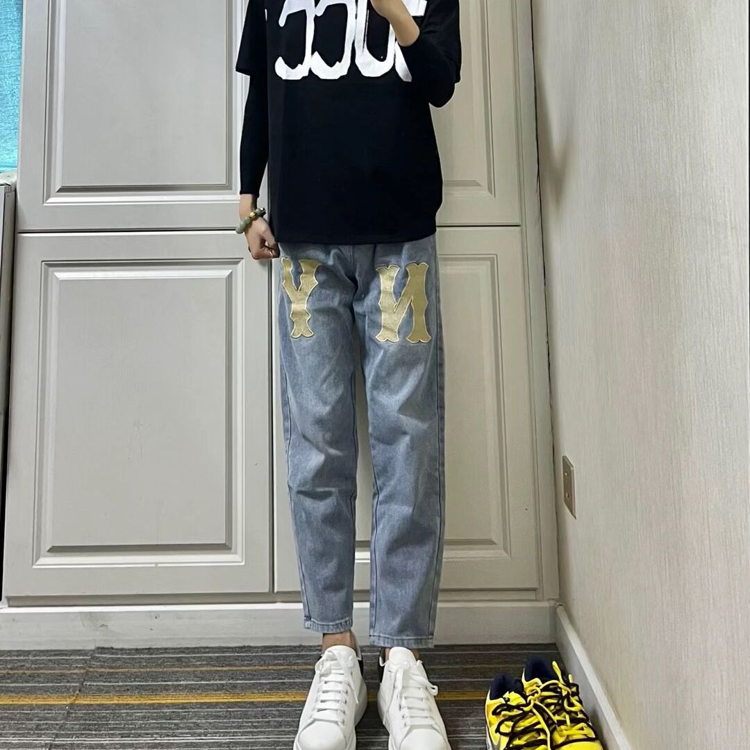 Net red same style letter patch jeans men's social spirit guy slim fit all-match straight nine-point pants summer