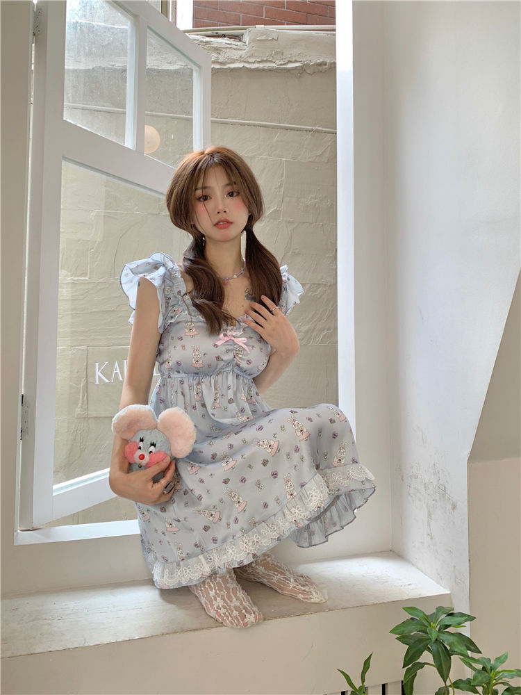 Girls' nightdress with chest pads summer cute little sexy pure desire style home clothes comfortable foreign style thin section net red pajamas