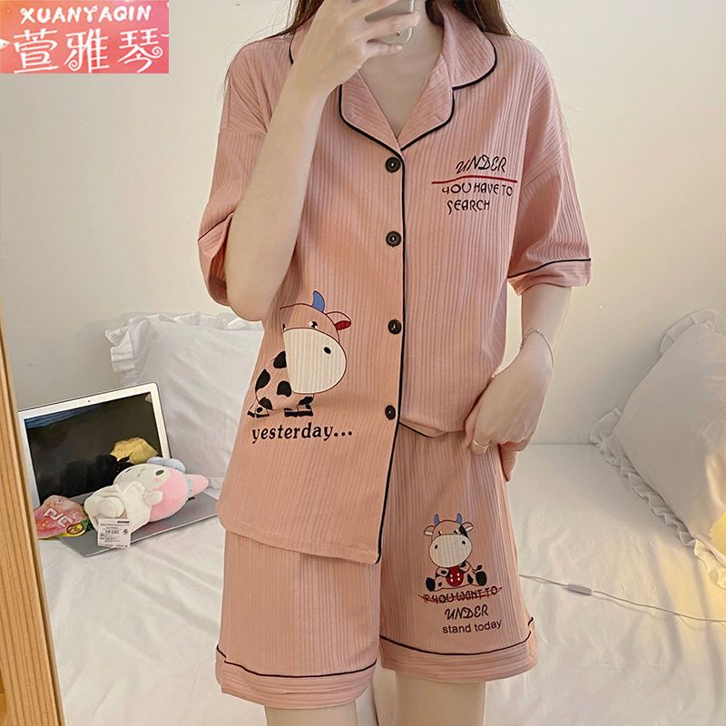 Pajamas women's summer large size short-sleeved cardigan home service 100% double-sided cute and sweet student outerwear kimono suit