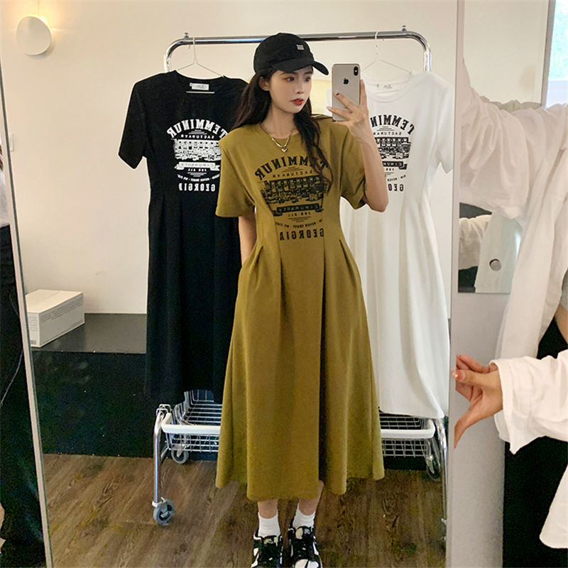 Fat MM extra large size 300 catties waist T-shirt skirt 2023 summer loose hidden meat slimming printed short-sleeved dress