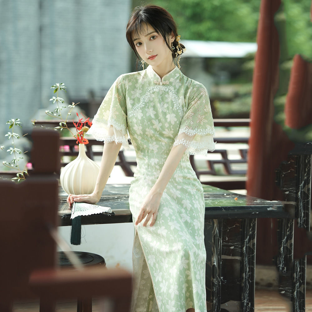 2023年新小清新改良旗袍民國風大小姐少女文藝氣質優雅綠色長裙夏