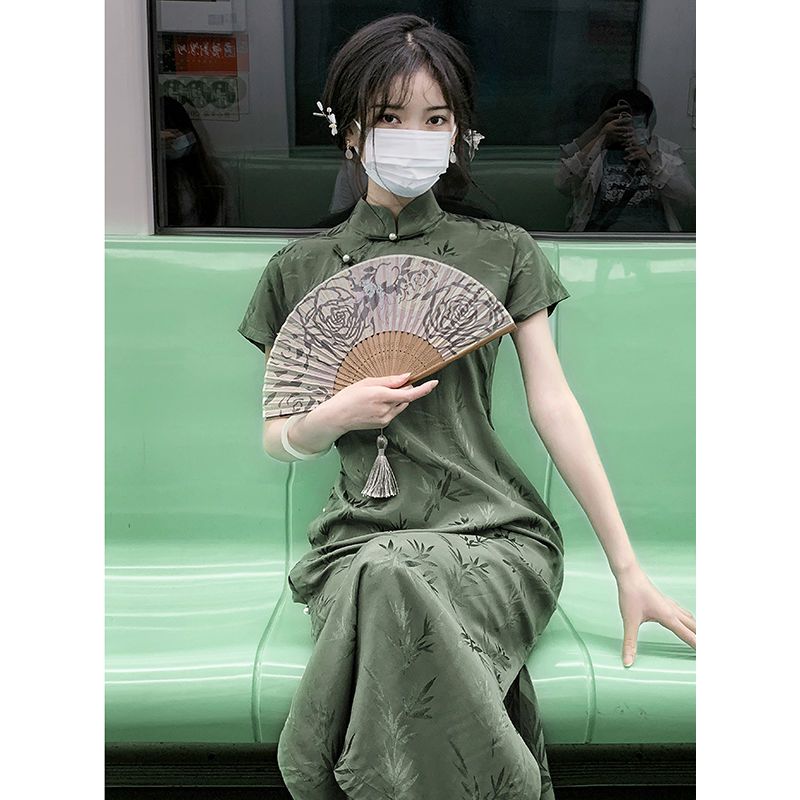 綠色改良版旗袍民國風素雅復古高端年輕款少女古法無省文藝學生裙