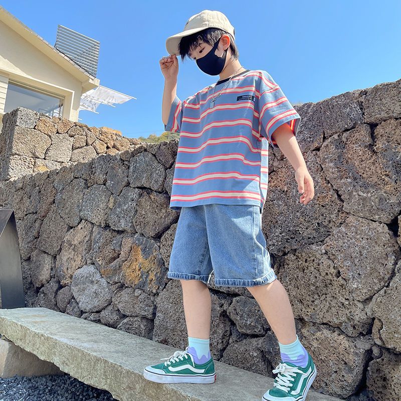 男童夏季條紋短袖套裝夏裝薄款中大童2022新款兒童運動潮時髦炸街