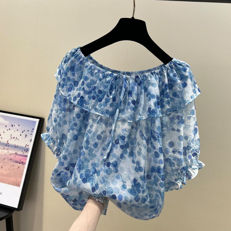 歐貨碎花荷葉邊一字肩雪紡衫女2023夏季上衣設計感小眾遮肚子小衫