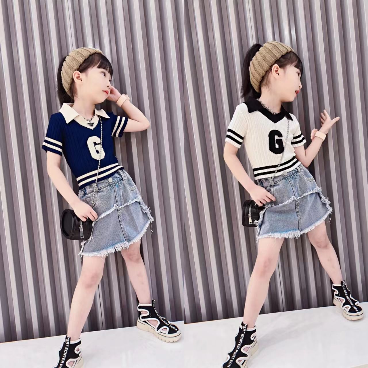 女童夏季套装新款POLO衫冰丝针织上衣洋气时髦牛仔短裙裤两件套