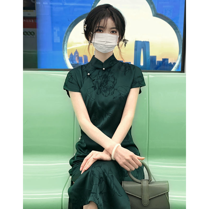 墨綠色旗袍民國風古法素雅復古高端氣質年輕款少女長裙2023夏修身