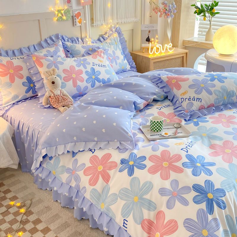 Internet celebrity bed skirt four-piece Korean princess style three-piece thickened skin-friendly brushed bed sheet quilt cover winter