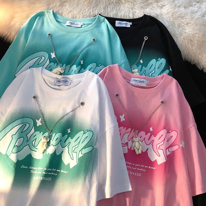 Bear necklace short-sleeved t-shirt women's ins tide summer loose design letter printing half-sleeved college wind top clothes