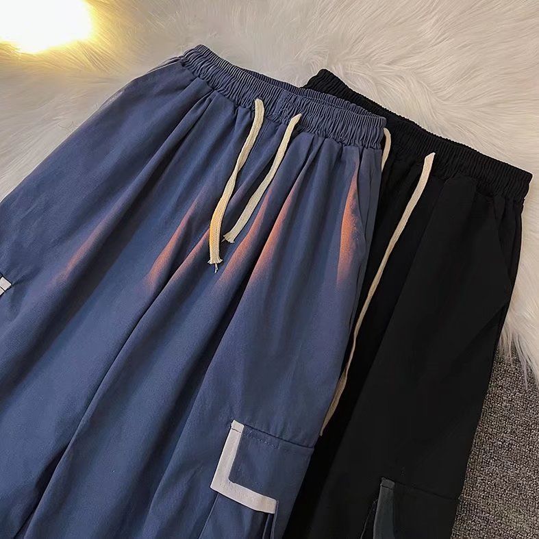 Street casual ruffian handsome straight large pocket overalls men's Korean version of the drape contrast color drawstring wide-leg trousers