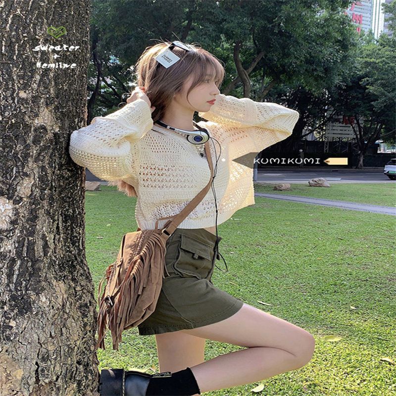 甜酷辣妹套裝夏季薄款鏤空針織衫上衣女工裝牛仔半身裙短裙兩件套