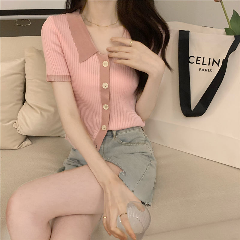韩版短袖T恤女夏季2023新款小清新拼接撞色针织体恤独特短款上衣