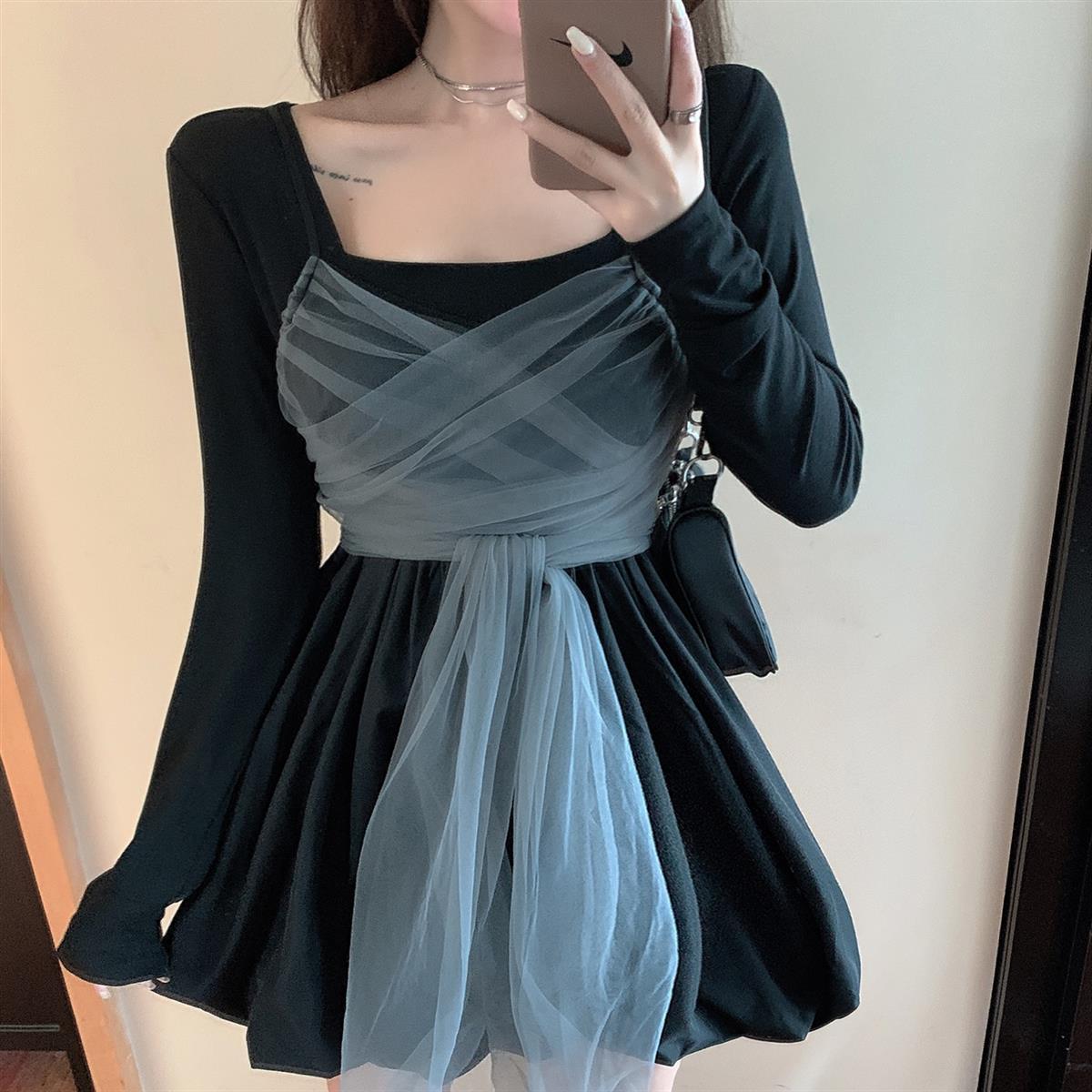 2023 Autumn Fashion Suit Women's Western Style Age-Reducing Suspender Waist Slimming Long Sleeve Dress Temperament Two-piece Set