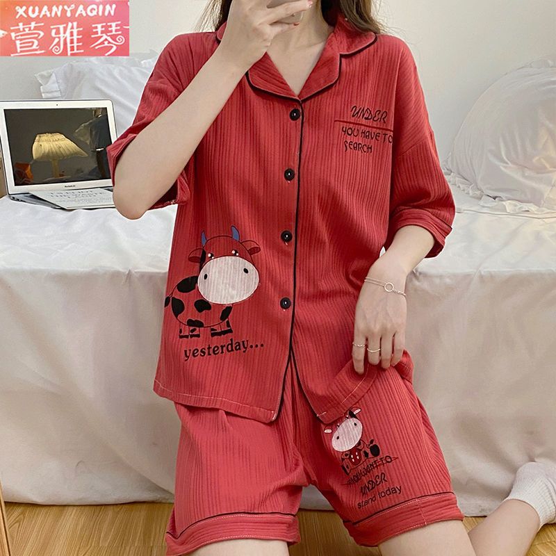 Plus size pajamas women's summer short-sleeved cardigan and kimono shorts solid color sweet boudoir honey outfit home service suit