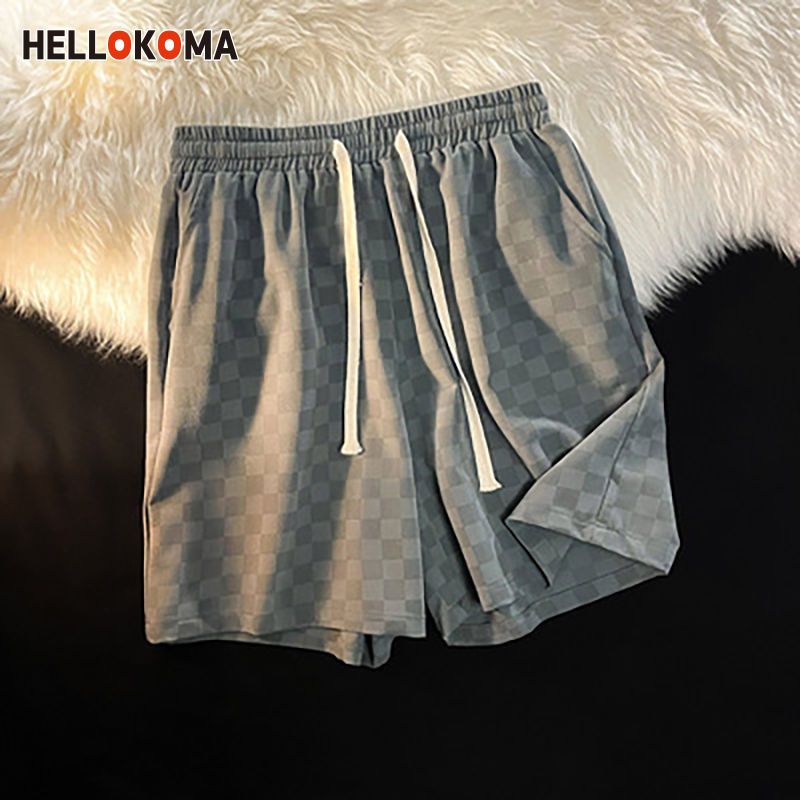HELLO KOMA美式hiphop短裤男夏季休闲裤ins棋盘格冰丝五分运动裤
