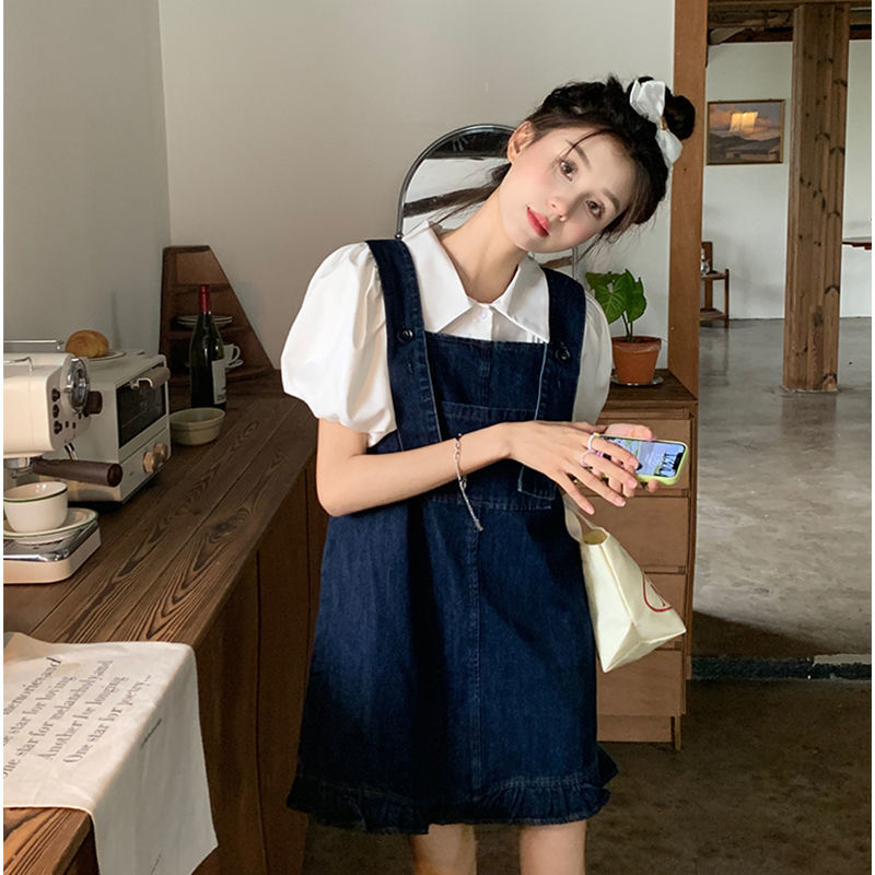 Large size fat MM denim suspender skirt women's summer 2022 loose and thin pear-shaped figure suspenders small dress