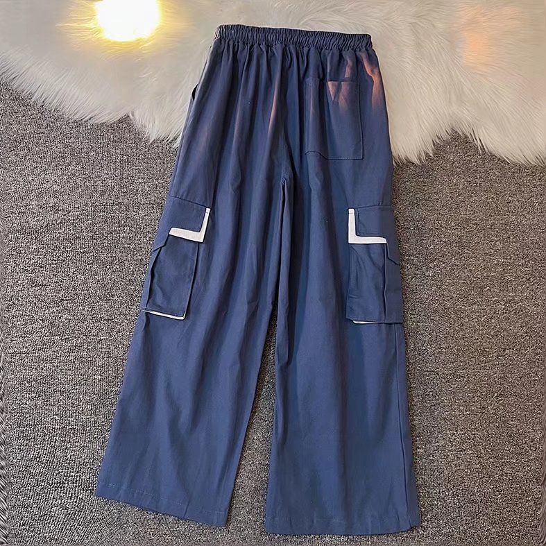 Street casual ruffian handsome straight large pocket overalls men's Korean version of the drape contrast color drawstring wide-leg trousers