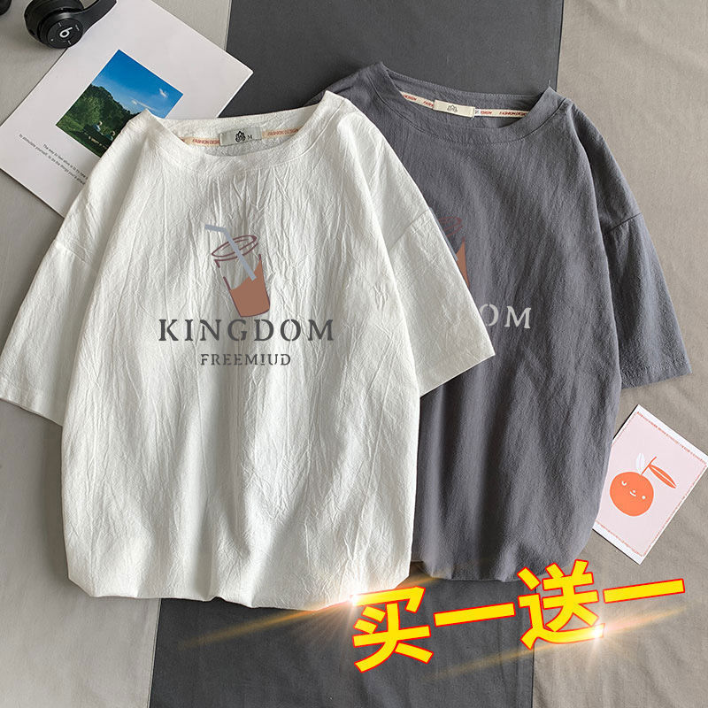 港風短袖T恤男夏季日系休閒冰絲體恤鹽系中學生ins日系寬鬆五分袖