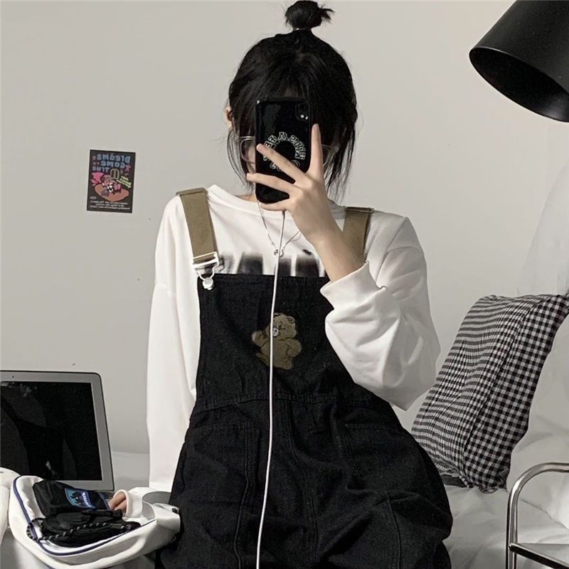 Japanese one-piece overalls women's spring and autumn sweet cool bear embroidery jeans trousers loose high waist straight wide leg pants