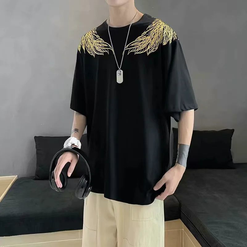 新款日系印花鳳凰翅膀夏季短袖寬鬆男士街頭嘻哈精神小伙t恤上衣