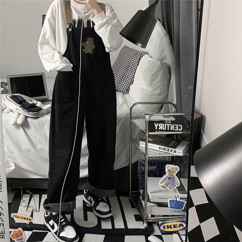 Japanese one-piece overalls women's spring and autumn sweet cool bear embroidery jeans trousers loose high waist straight wide leg pants
