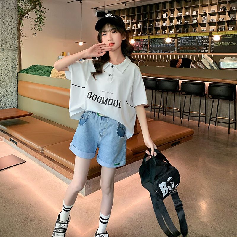 Girls' denim shorts suit 2022 new style medium and big boys and girls foreign style Korean summer two-piece letter print