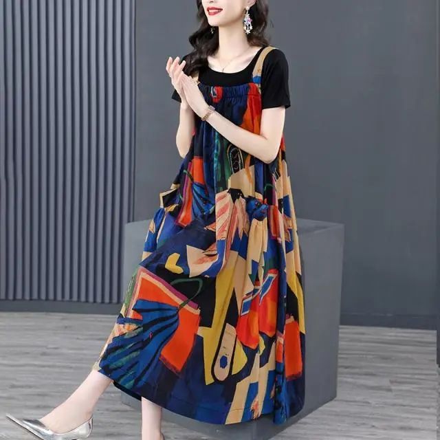 Summer suit fashion foreign style suspenders dress gentle wind long skirt French ladies short-sleeved summer set