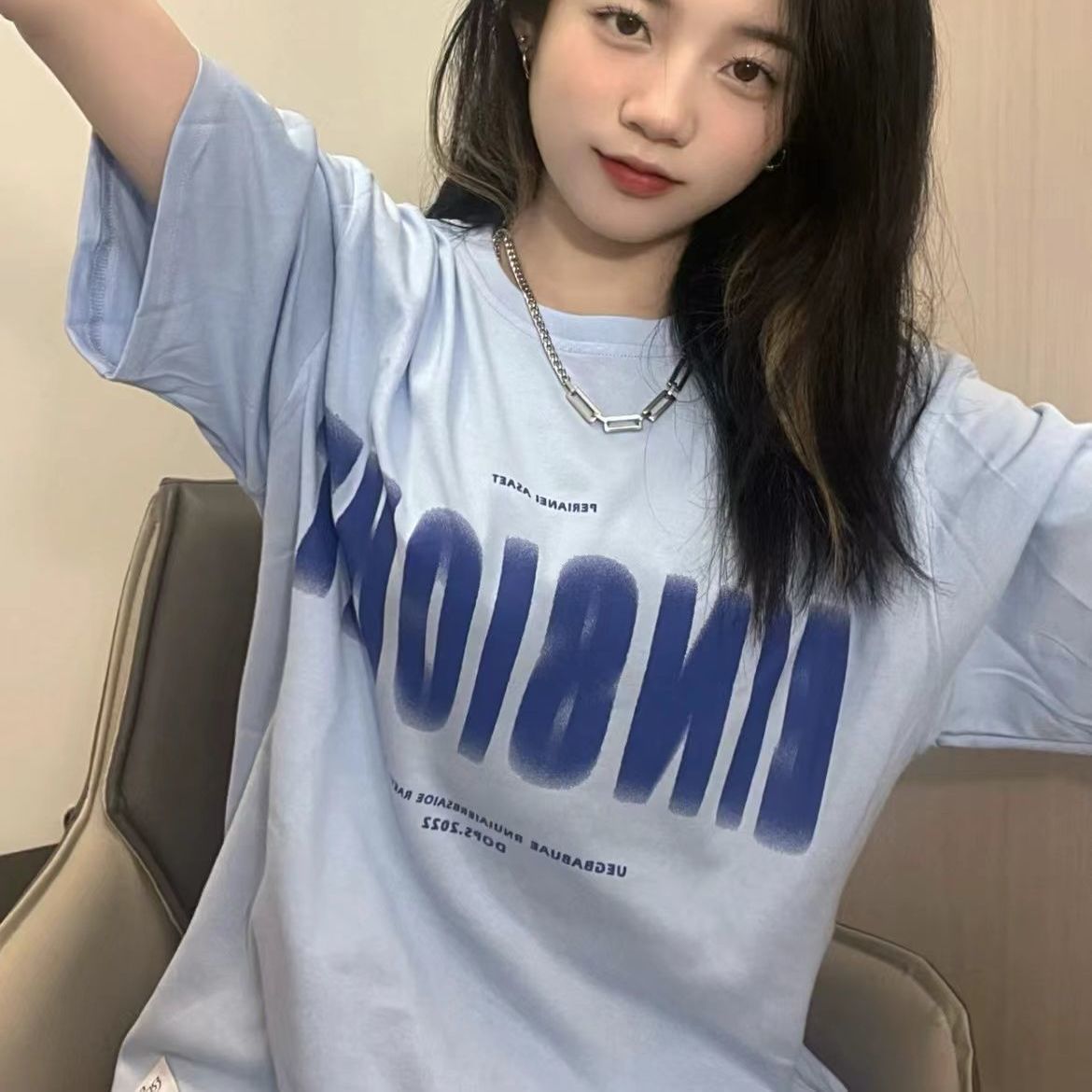 Vintage milk blue short-sleeved t-shirt women's summer new Korean version oversize loose all-match clothes ins