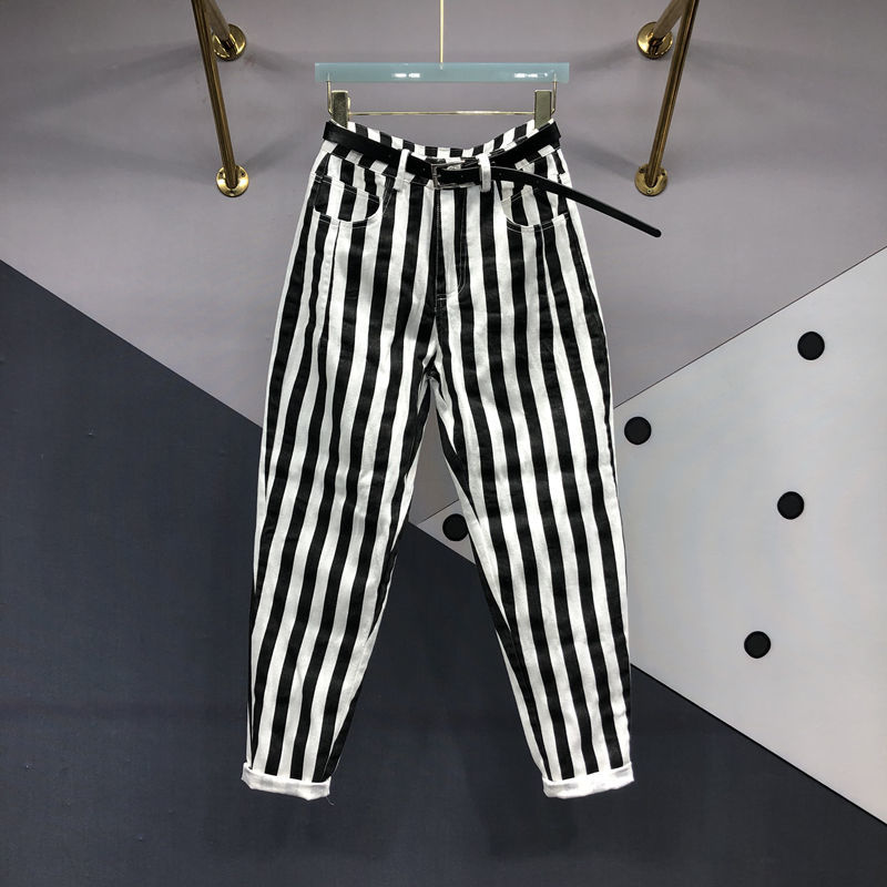 黑白條紋蘿蔔牛仔褲女歐貨2023夏新款百搭高腰大碼顯瘦小腳哈倫褲