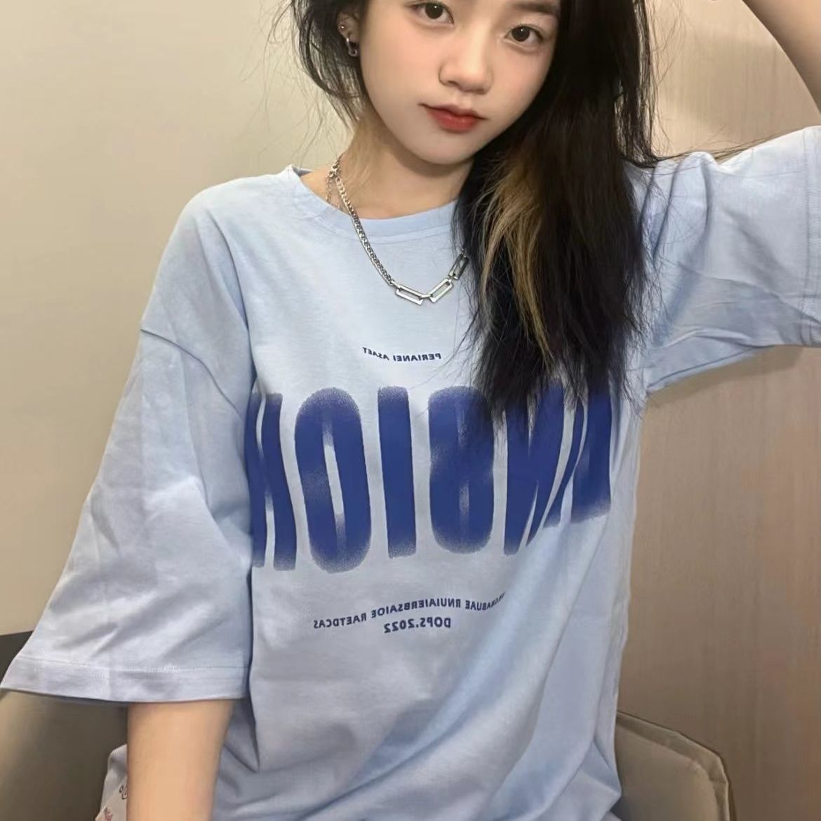 Vintage milk blue short-sleeved t-shirt women's summer new Korean version oversize loose all-match clothes ins