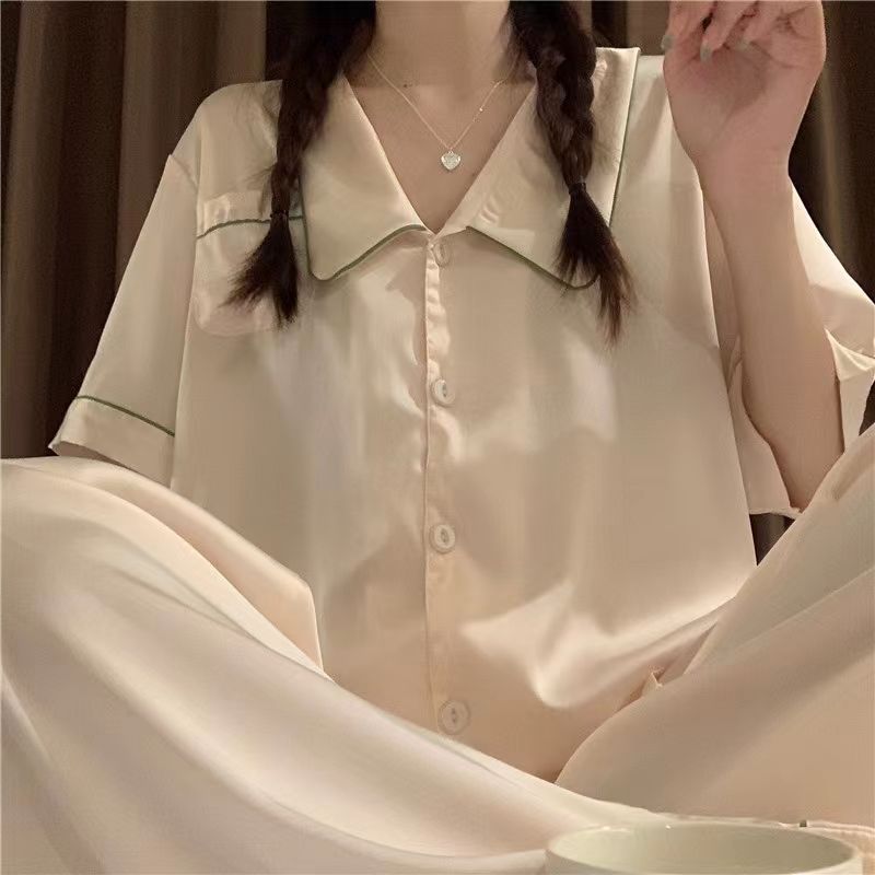 ins夏季新款冰絲睡衣女簡約奶油杏短袖長褲薄款高顏值家居服套裝
