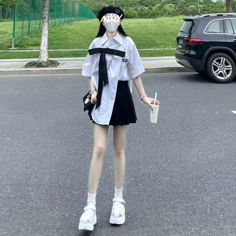 設計感小眾慵懶寬鬆中長款襯衫蝴蝶結裝飾外穿襯衣+高腰百褶裙女