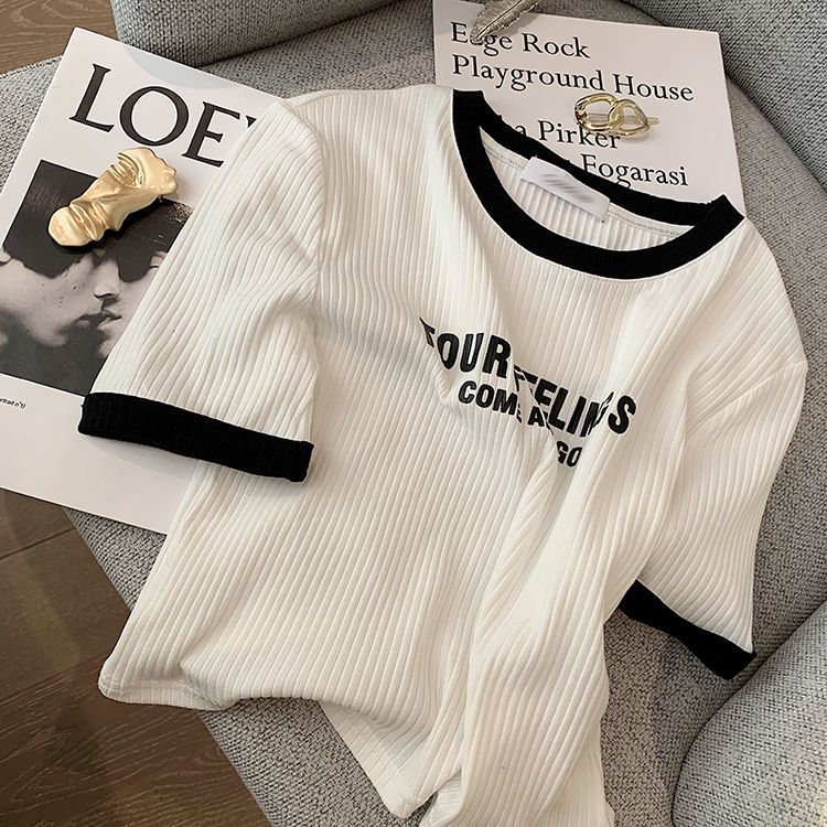 Contrast color round neck white t-shirt women 2022 summer new Korean version all-match temperament short-sleeved top bottoming shirt half-sleeve