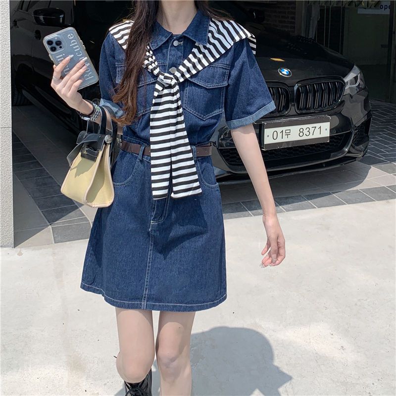 高級感減齡氣質牛仔連衣裙女夏季薄款大碼設計感收腹顯瘦背帶短裙