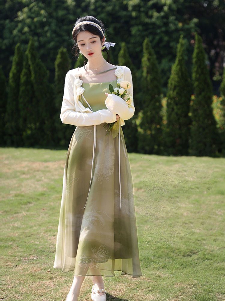 Pure desire skirt fairy temperament Mori first love skirt super fairy suspenders with cardigan dress summer new long skirt
