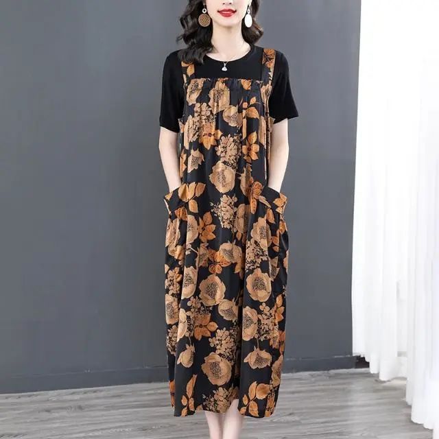 This year's most popular suit for women in summer, a set of fashionable western-style suspender skirt long skirt over the knee mother's summer dress