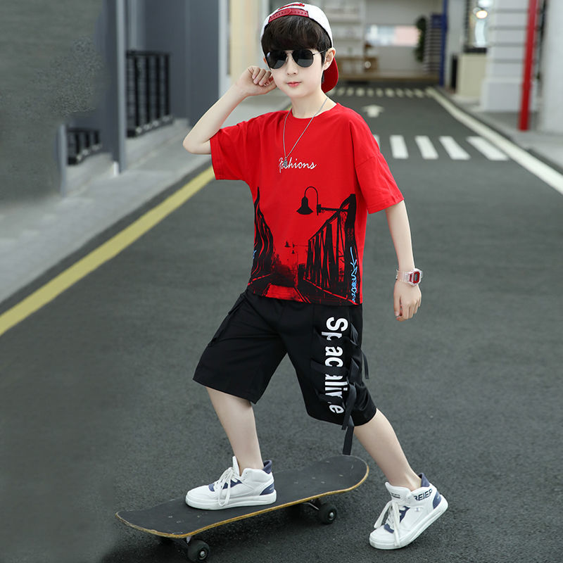 Children's clothing boy's short-sleeved suit  new summer clothing medium and big children's tooling shorts thin section handsome children's two-piece suit