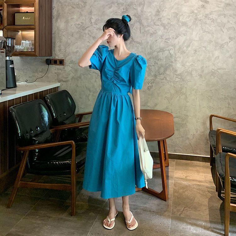 Design sense French short-sleeved dress women's summer new waistline slim backless bowknot long skirt ins