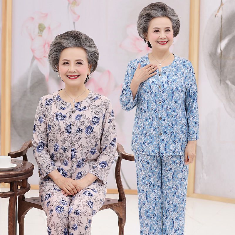 中老年人開衫棉綢睡衣女長袖長褲套裝媽媽薄款人造棉印花家居服女