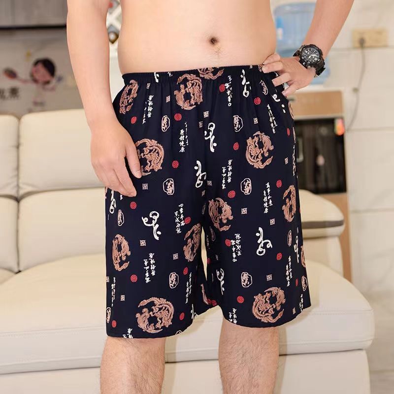 Summer men's pure cotton silk shorts home pajama pants middle-aged cotton silk beach pants man-made cotton loose thin section outer wear