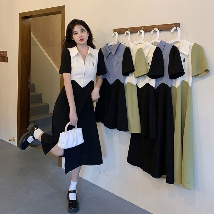 Tiktok same color contrast polo dress women's summer fat mm splicing fashion Korean split sports casual skirt