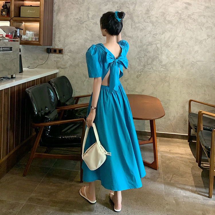 Design sense French short-sleeved dress women's summer new waistline slim backless bowknot long skirt ins