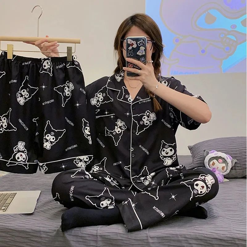 Summer new ice silk pajamas women's spring and autumn thin section three-piece suit student cartoon short-sleeved trousers home service outerwear