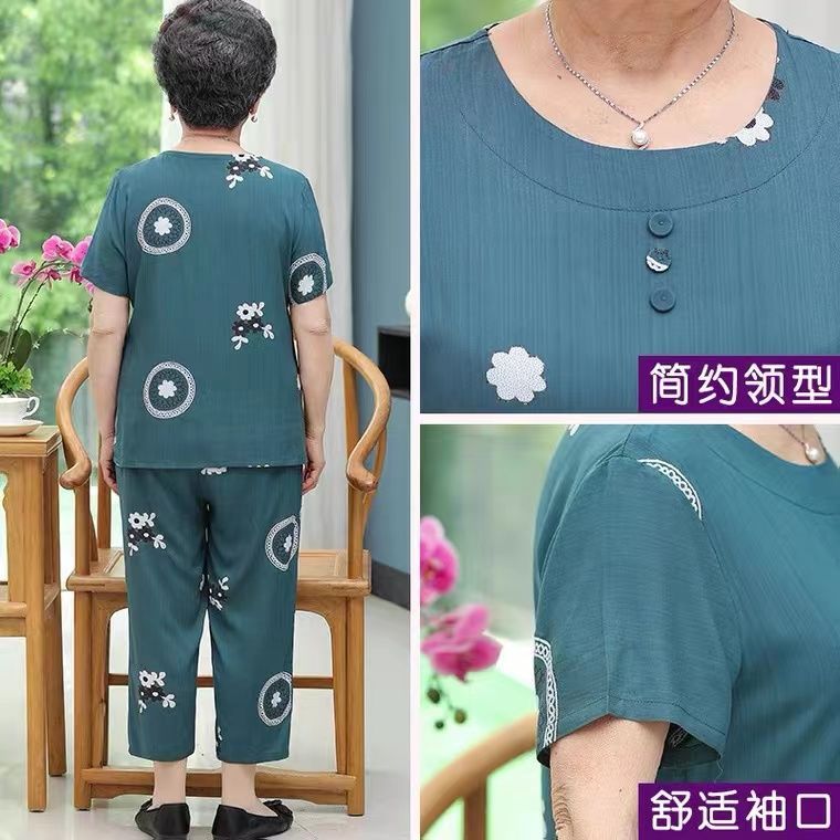 Grandma summer short-sleeved suit middle-aged and elderly cotton silk suit mother jacket 60 years old and 70 elderly summer clothes female