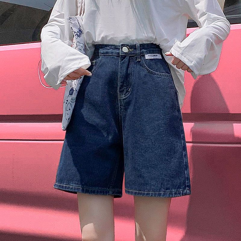 Summer denim shorts women's summer  new high waist loose straight tube slim pants thin quarter pants