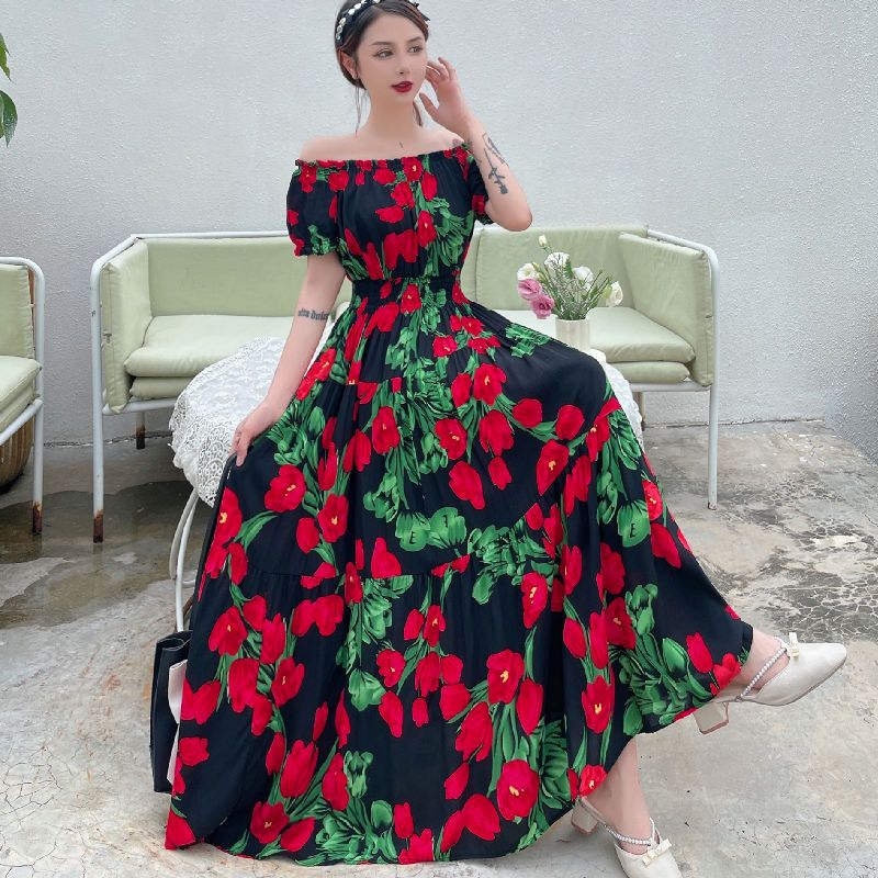 Large summer cotton silk dress, mid-length knee-length skirt, loose, fashionable, wide, short-sleeved, new style women's clothing