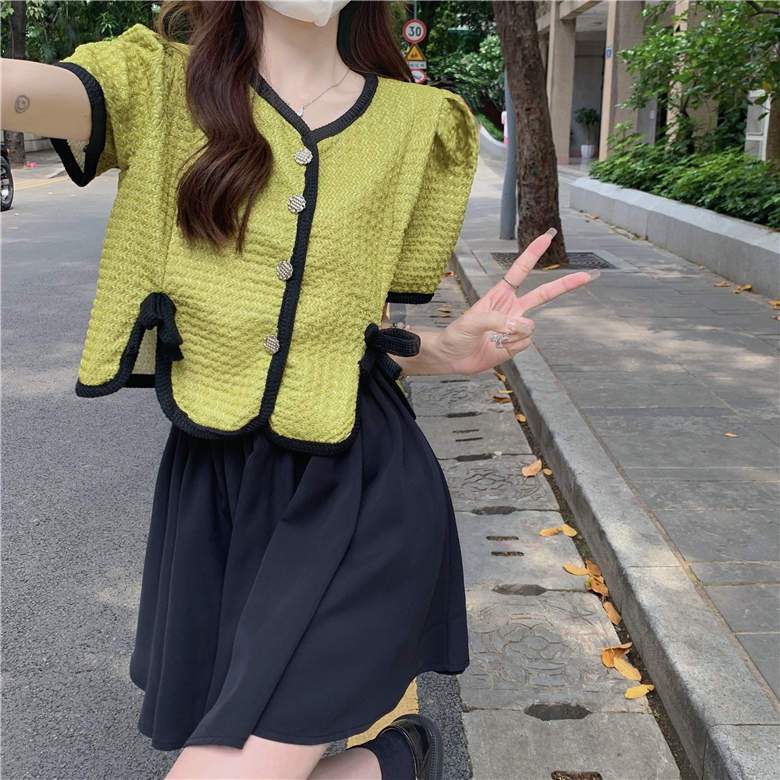 小香風上衣多巴胺穿搭袖襯衫女夏季百搭高腰蓬蓬裙半身裙套裝潮