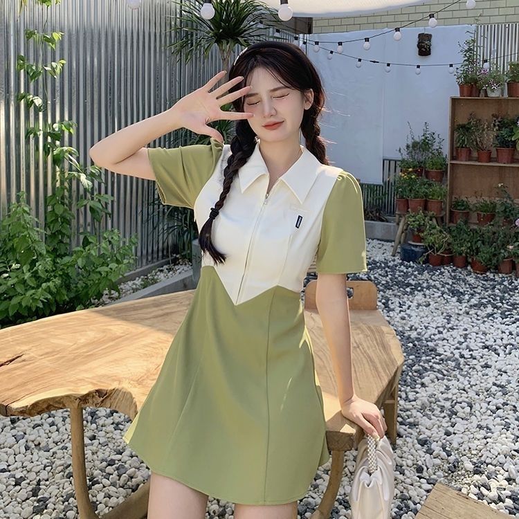 Tiktok same color contrast polo dress women's summer fat mm splicing fashion Korean split sports casual skirt