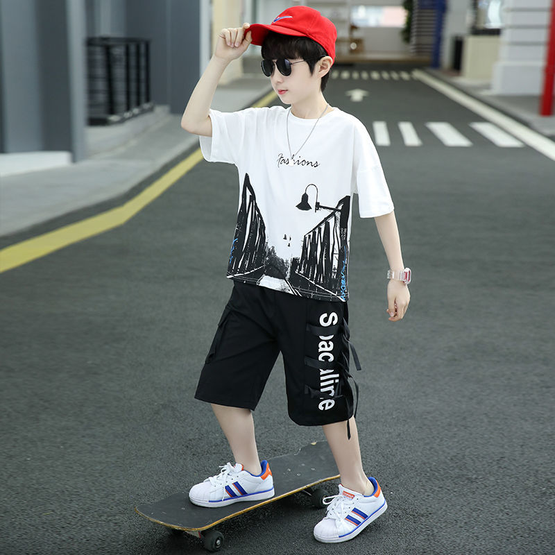 Children's clothing boy's short-sleeved suit  new summer clothing medium and big children's tooling shorts thin section handsome children's two-piece suit