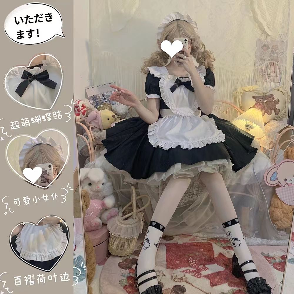 Japanese black and white salt Lolita cute soft girl maid dress COS large size slimming maid uniform suit