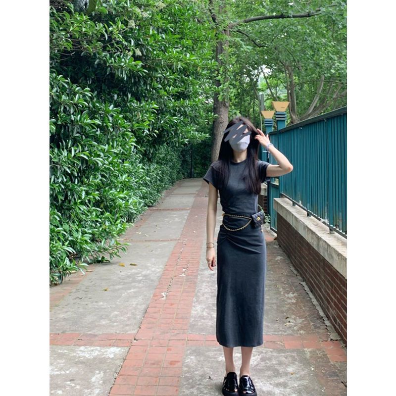 Gray lengthened mid-length over-the-knee waist temperament slim straight casual short-sleeved T-shirt dress for women summer